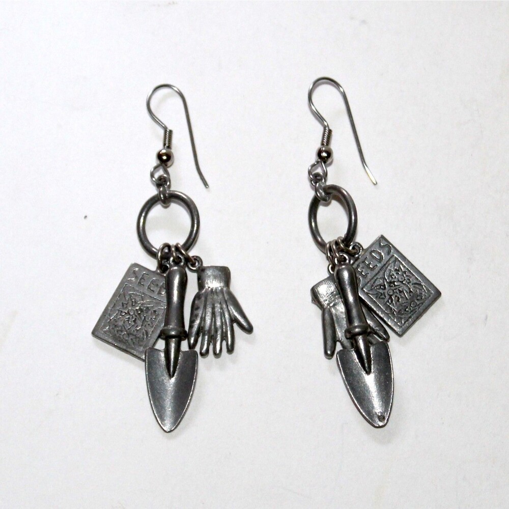 1 Pair Earrings Garden Tools dangle metal charms gloves bag of seeds plants